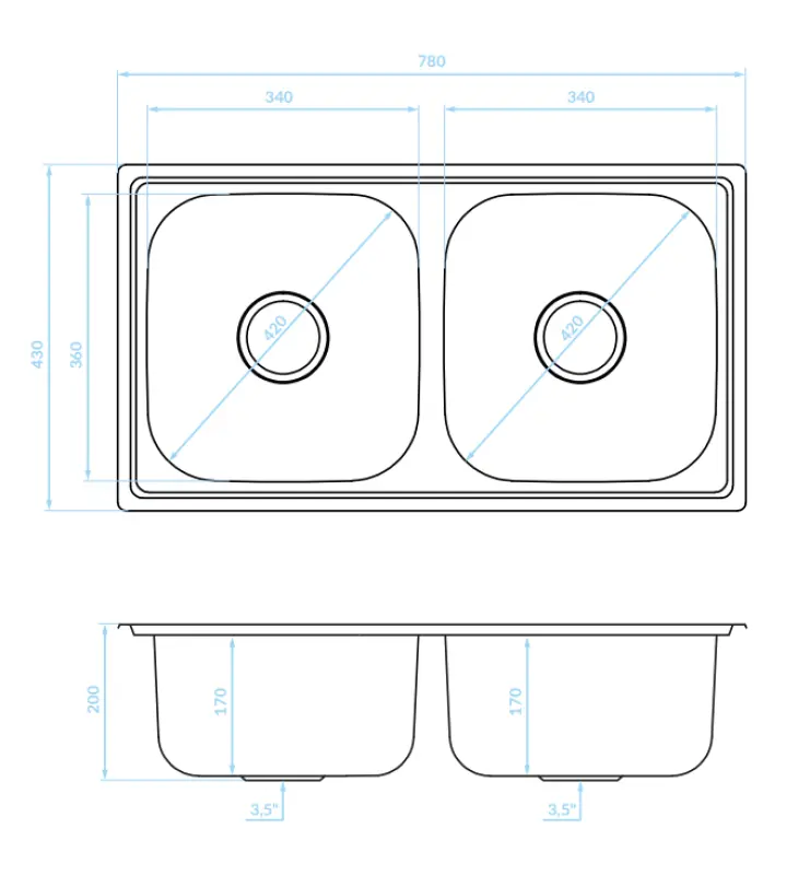Ausmann Basic διπλός επιφανειακός νεροχύτης από ανοξείδωτο ατσάλι 78x43 cm με σιφόν 1208956995