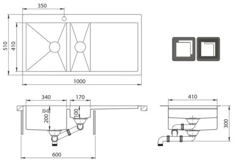 Αούσμαν Ή Μπλε 1,5 ανοξείδωτος νεροχύτης 100x51cm για επίπεδη και επιφανειακή κατασκευή με αποστραγγιστική επιφάνεια 1208957128