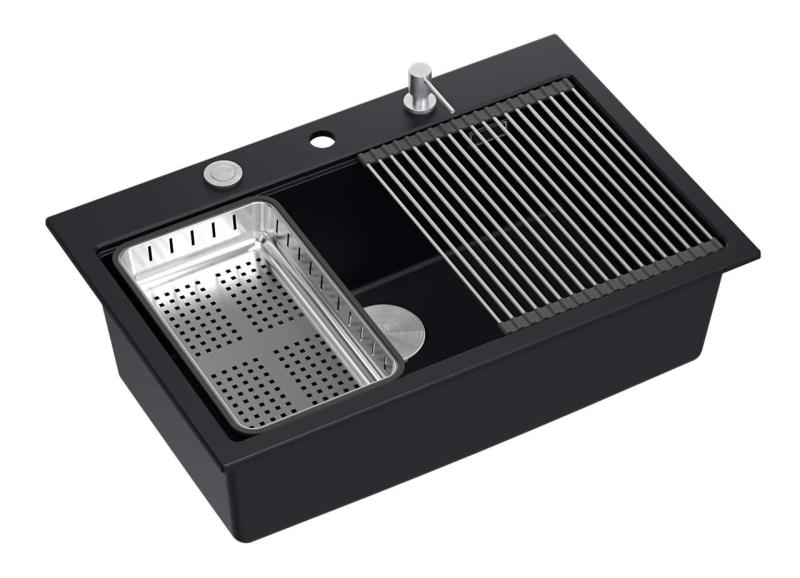 Quadri μαύρος ματ σκληρός γρανίτης νεροχύτης επιφάνειας 76x50cm με αξεσουάρ 1208957201