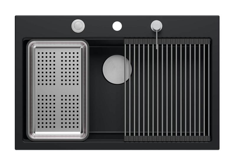 Quadri μαύρος ματ σκληρός γρανίτης νεροχύτης επιφάνειας 76x50cm με αξεσουάρ 1208957201