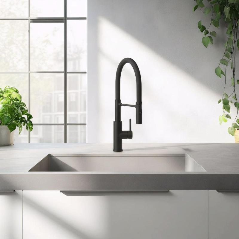 Quadri Chester κουζίνας μπαταρία με εύκαμπτο στόμιο και ντους με 2 τύπους εκτόξευσης, μαύρο ματ 1208957225