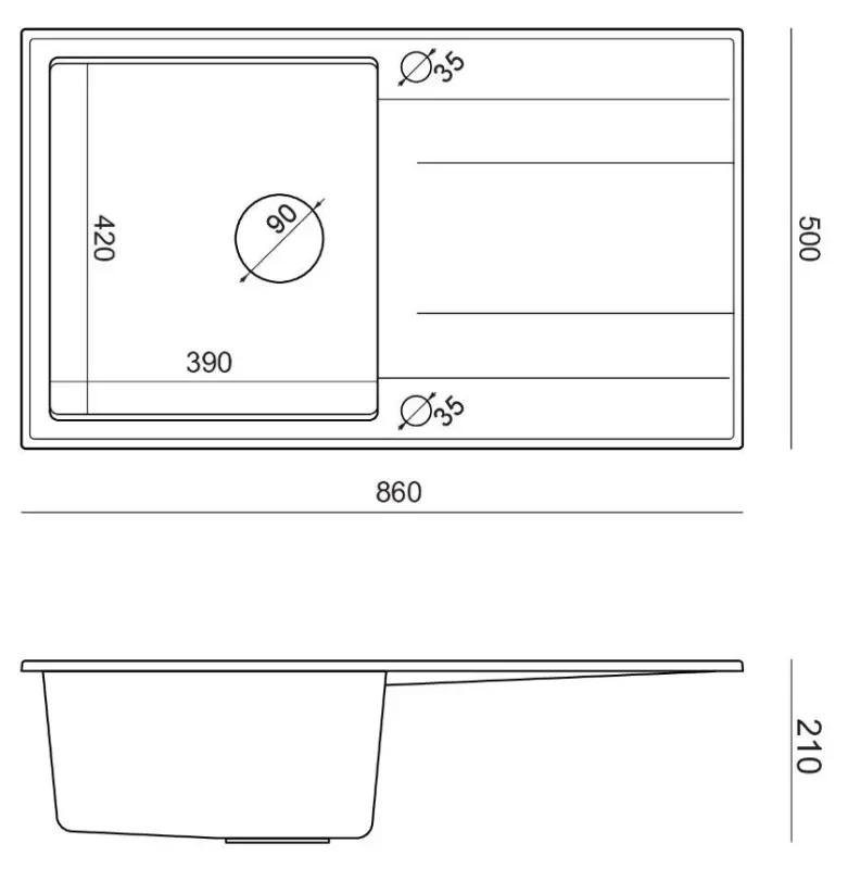 Quadri Luton μαύρος γρανιτένιος εντοιχισμένος νεροχύτης με επιφάνεια αποστράγγισης, αναστρέψιμος 86x50cm με μαύρη τάπα 1208957327.