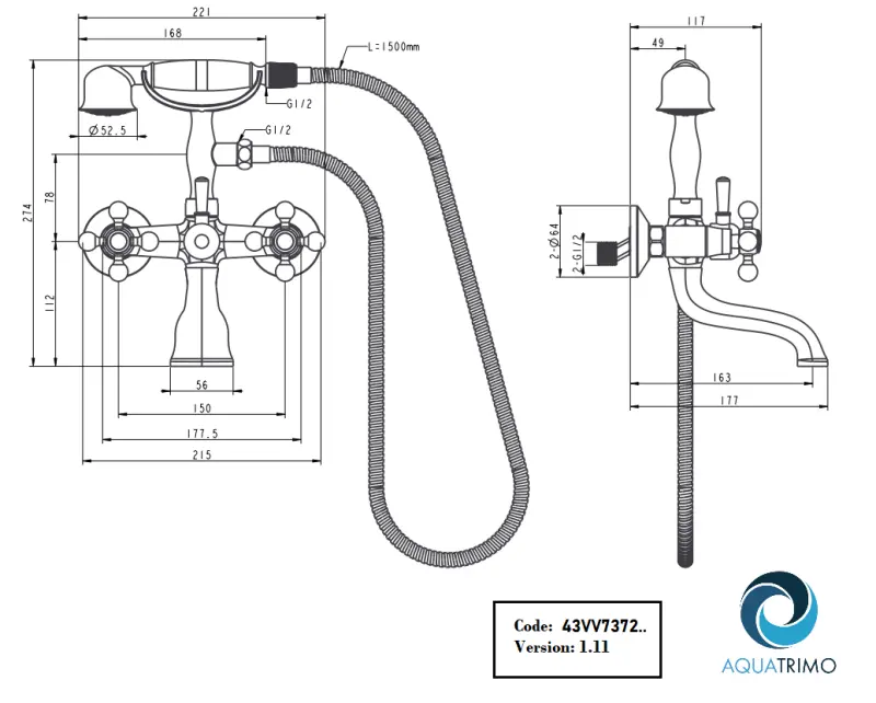 AquaTrimo Vivaldi κλασική μπαταρία μπανιέρας με σταυροειδείς λαβές Χρώμιο, με χειροκίνητο ντους 43VV7372CM