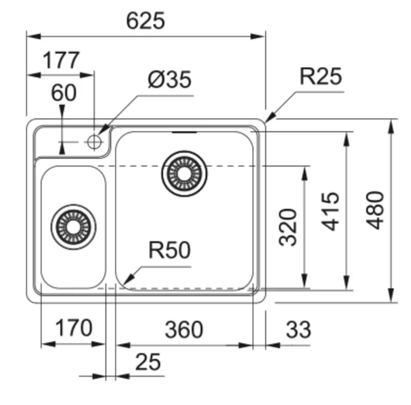 Νεροχύτης Franke Bellissimo BCX 260 επίπεδη εντοιχιζόμενη συμπ. οπή βρύσης 625x480mm 127.0691.229