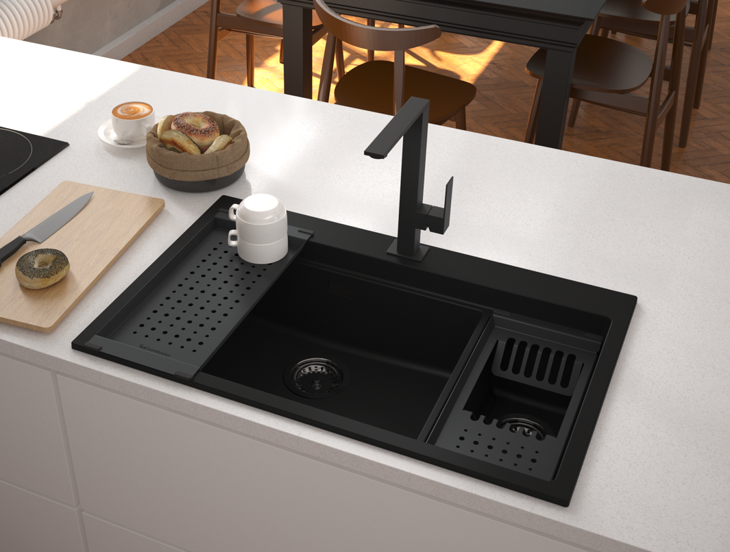 GraniteMy Limited μεγάλη 1,5 γρανιτένιος εντοιχιζόμενος και υποεντοιχιζόμενος μαύρος νεροχύτης με αξεσουάρ 76x48 cm 1208957389