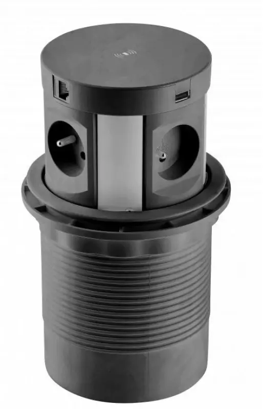 Indux Push υποβασμένη γείωση κουζίνας μαύρη πρίζα σε επιφάνεια εργασίας με 4 πρίζες, 2 x USB, 2 x RJ45 και ασύρματη φόρτιση 1208957421