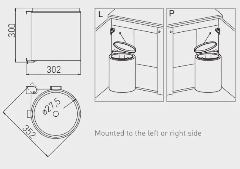 Garbi Round R-40-1 ενσωματωμένος κάδος απορριμμάτων 11 λίτρων, τοποθετείται αριστερά ή δεξιά 1208957471