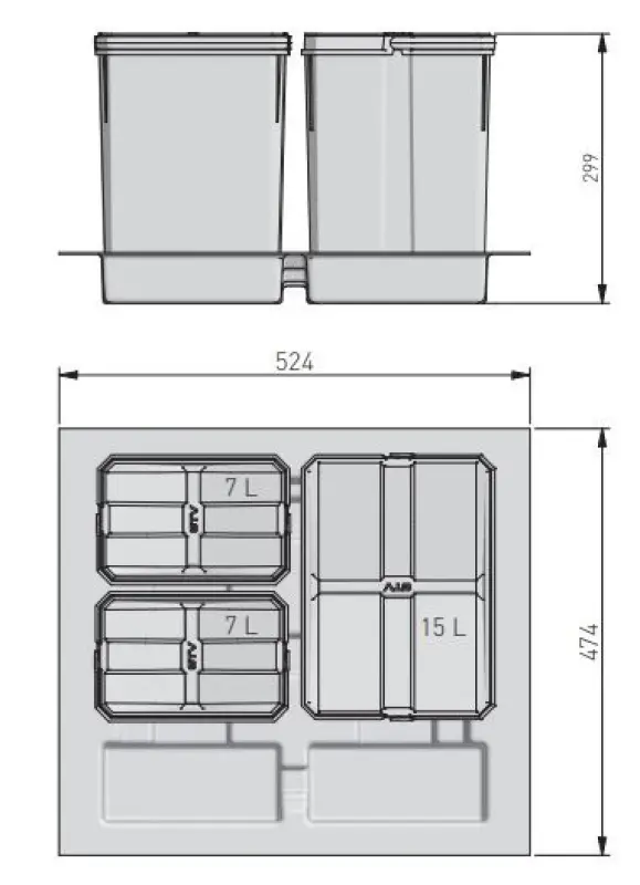 Σύστημα διαλογής απορριμμάτων Garbi Basket B-60-3 για συρτάρι 60cm, συμπεριλαμβανομένης της θήκης και 3 κάδων απορριμμάτων 1208957473