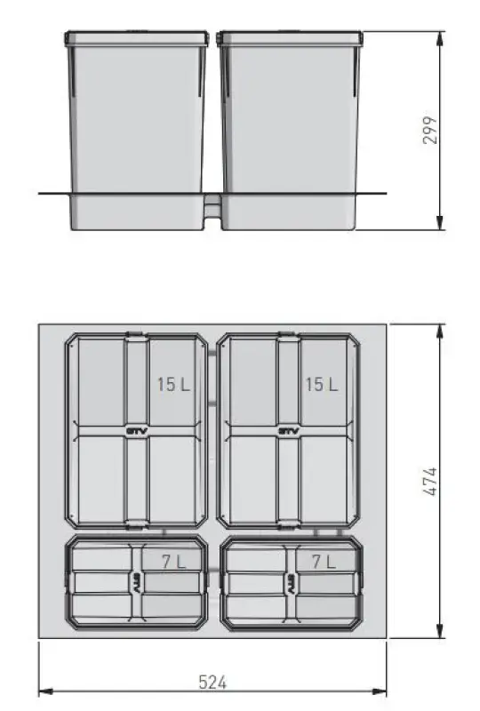 Γκάρμπι Καλάθι B-60-4 σύστημα διαλογής απορριμμάτων για συρτάρι 60cm, περιλαμβάνει βάση και 4 κάδους απορριμμάτων 1208957475