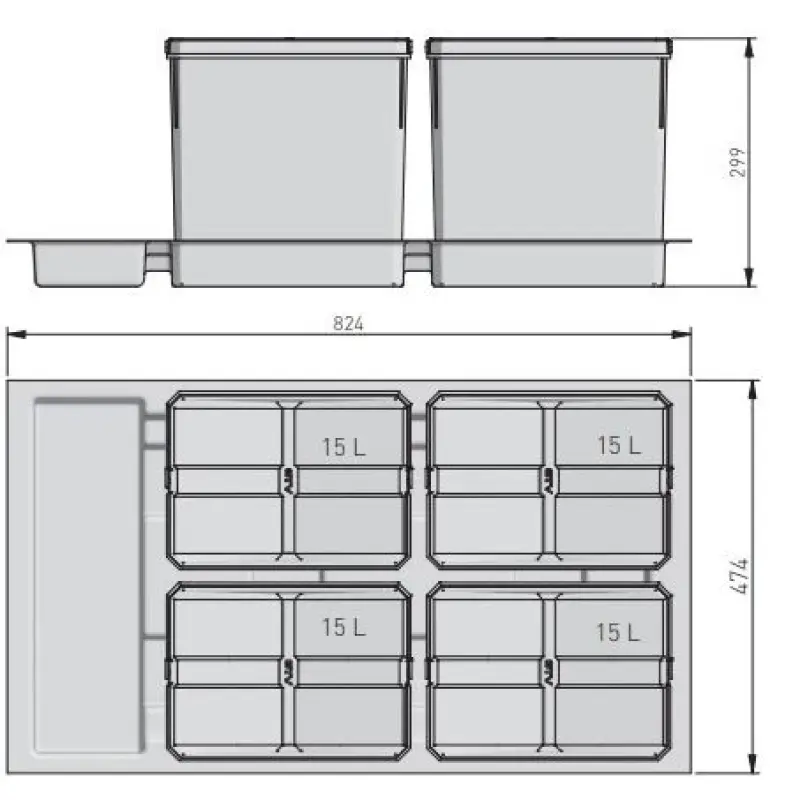 Γκάρμπι Μπάσκετ B-90-4 σύστημα διαλογής απορριμμάτων για συρτάρι 90cm συμπεριλαμβανομένου του στηρίγματος και 4 x 15 λίτρων κάδους απορριμμάτων 1208957479