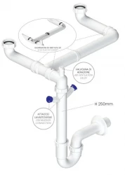 Ausmann Siphon διπλός εξοικονόμησης χώρου σιφόνι νεροχύτη κουζίνας με αεραγωγό και 2 συνδέσεις για πλυντήριο πιάτων 1208957662