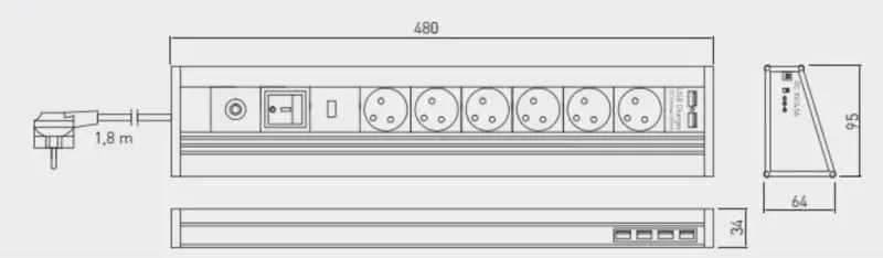 Indux Corner γωνιακή και ανεξάρτητη πρίζα αλουμινίου με 6 πρίζες γείωσης και 6 USB 1208957851
