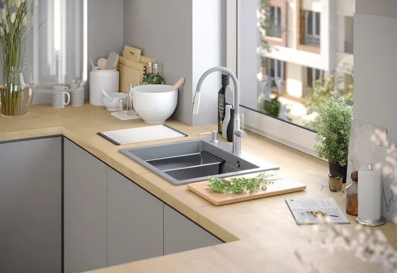 Quadri Durham λευκός γρανίτης επιφάνειας νεροχύτης 595x500 με διανομέα σαπουνιού, κόφτη, ρολό ματ, δεξαμενή ενσωμάτωσης και ρολό ματ 1208957903