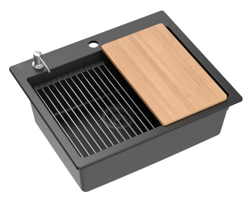 Quadri Durham μαύρος γρανίτης επιφάνειας νεροχύτης 595x500 με διανομέα σαπουνιού, κόφτη, επιφάνεια εργασίας και ρολό ματ 1208957904