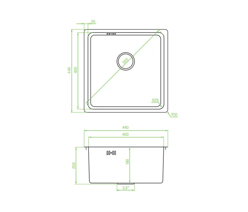 Aquadesign R25 σωλήνας επάνω, κάτω και ενσωματωμένος νεροχύτης από ανοξείδωτο χάλυβα 40x40cm 1208958206