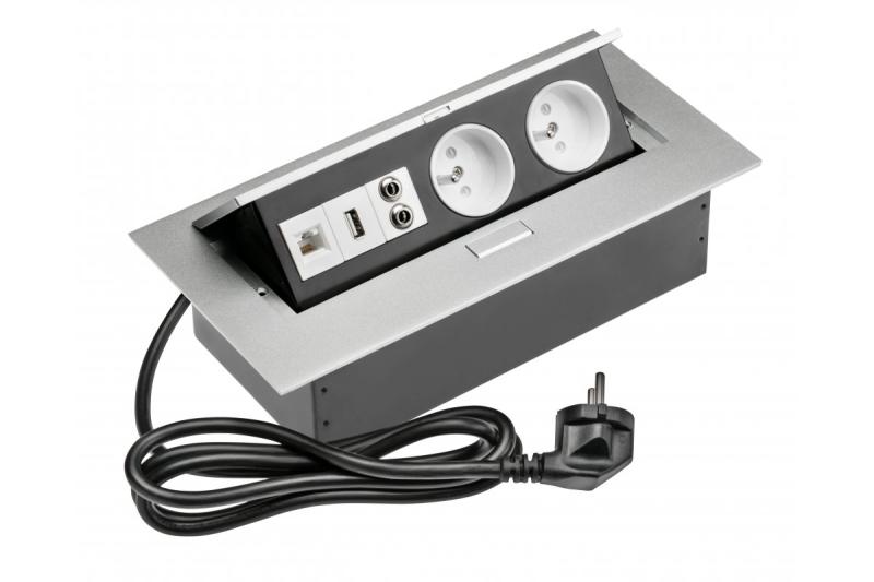 Καλώδιο επέκτασης γραφείου 2x πρίζα με γείωση, gn. USB, ήχος (μπανάνα), gn. RJ45, καλώδιο τροφοδοσίας με βύσμα, αλουμίνιο 1208958677