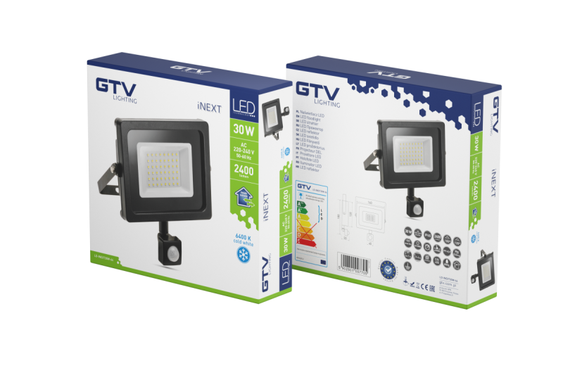 LED προβολέας iNEXT με αισθητήρα κίνησης 30W 2400lm, PF>0,9, RA>80, IP65, 120°, 6400K, μαύρο σώμα 1208962860