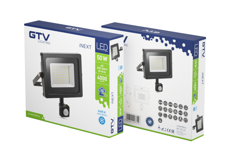 LED προβολέας iNEXT με αισθητήρα κίνησης 50W 4000lm, PF>0,9, RA>80, IP65, 120°, 6400K, μαύρο σώμα 1208962862