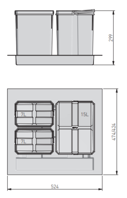 Σύστημα διαλογής απορριμμάτων Garbi Basket B-60-3 για συρτάρι 60cm, συμπεριλαμβανομένης θήκης και 3 κάδων απορριμμάτων 1208964399