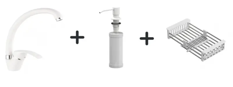 Quadri λευκή μπαταρία κουζίνας σετ με εντοιχιζόμενο διανομέα σαπουνιού και ρυθμιζόμενο λευκό καλάθι 1208966928