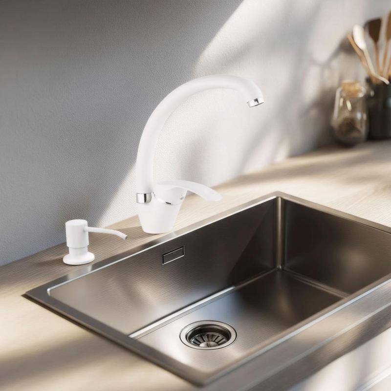 Quadri λευκή μπαταρία κουζίνας σετ με εντοιχιζόμενο διανομέα σαπουνιού και ρυθμιζόμενο λευκό καλάθι 1208966928