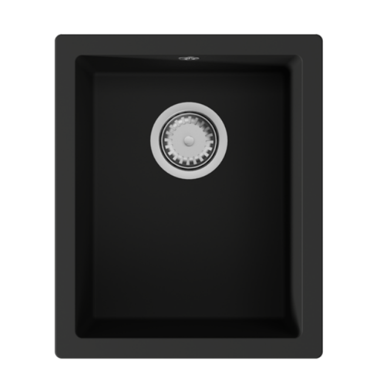 GraniteMy Universal γρανιτένιος μαύρος νεροχύτης 34x40 cm μαύρος επιφάνεια πάγκου, υποκατασκευή και ενσωμάτωση με ανοξείδωτο ατσάλι τάπα 1208967106.