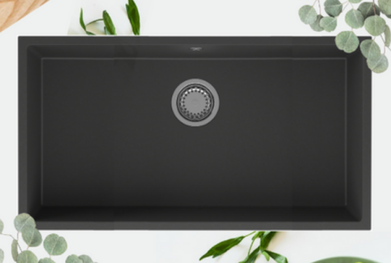 GraniteMy Universal γρανιτένιος μεγάλος μαύρος νεροχύτης 74x40 cm μαύρο επιτραπέζιο, υποκατασκευής και ενσωματωμένο με ανοξείδωτο πώμα 1208967110