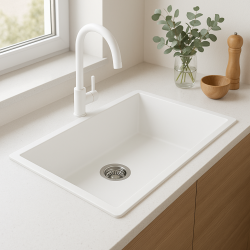 Granitemy Universal μεγάλος λευκός νεροχύτης από γρανίτη 74x40 cm λευκός επιφάνειας, υποκατασκευής και ενσωματωμένης τοποθέτησης με ανοξείδωτο πώμα 1208967111.