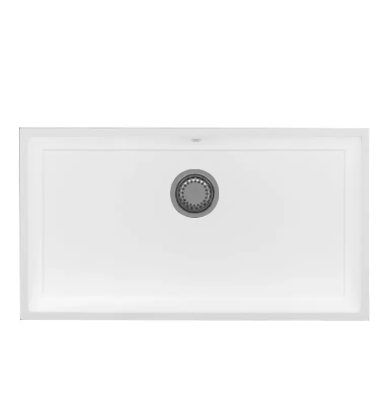 Granitemy Universal μεγάλος λευκός νεροχύτης από γρανίτη 74x40 cm λευκός επιφάνειας, υποκατασκευής και ενσωματωμένης τοποθέτησης με ανοξείδωτο πώμα 1208967111.