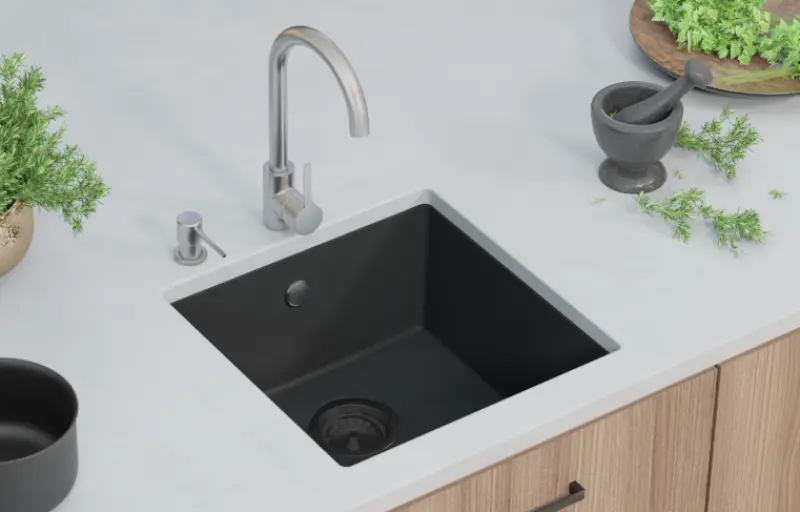 GraniteMy Universal γρανιτένιος μαύρος νεροχύτης 40x40 cm μαύρος για επιφάνεια, υποκατασκευή και εγκατάσταση με μαύρη τάπα 1208967112.
