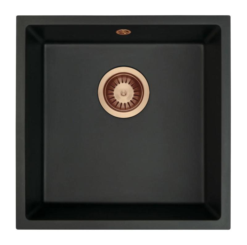 GraniteMy Universal γρανιτένιος μαύρος νεροχύτης 40x40 εκ. μαύρος επιτραπέζιος, υποκαθήμενος και εντοιχισμένος με χάλκινη τάπα 1208967114