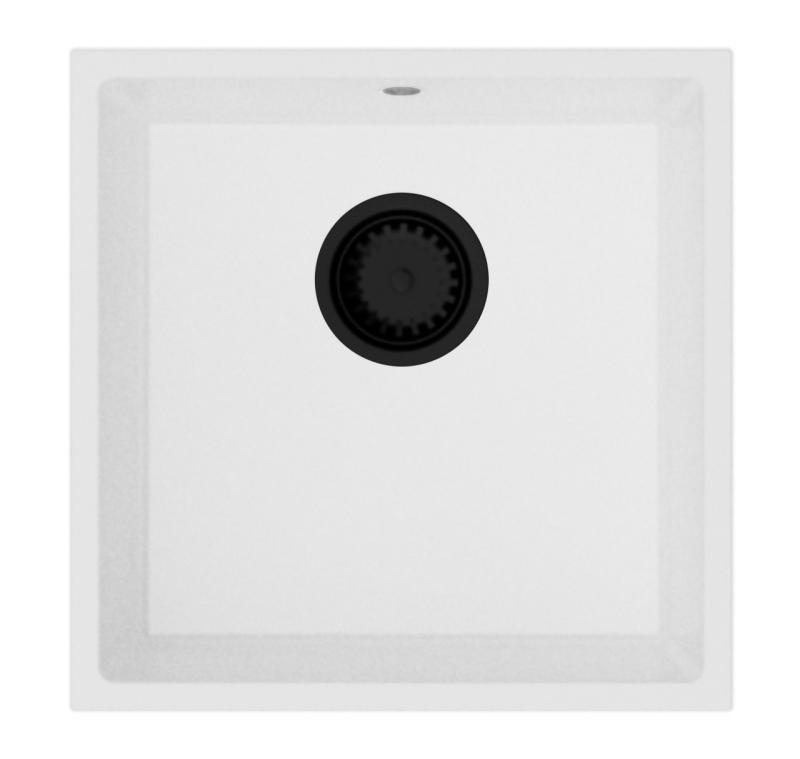 GraniteMy Universal γρανιτένιος λευκός νεροχύτης 40x40 εκ. λευκός επιτραπέζιος, υποκαθήμενος και επίπεδης τοποθέτησης με μαύρο πώμα 1208967128