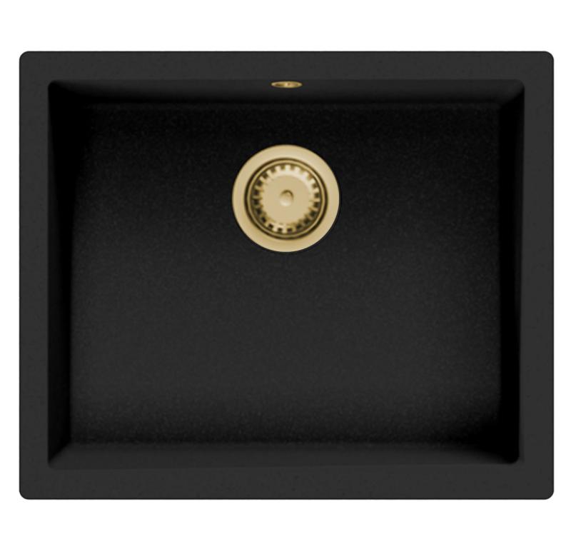 GraniteMy Universal γρανιτένιος μαύρος νεροχύτης 50x40 εκ. μαύρο επιφάνεια πάγκου, κάτω πάγκου και ενσωματωμένος με χρυσή τάπα 1208967130