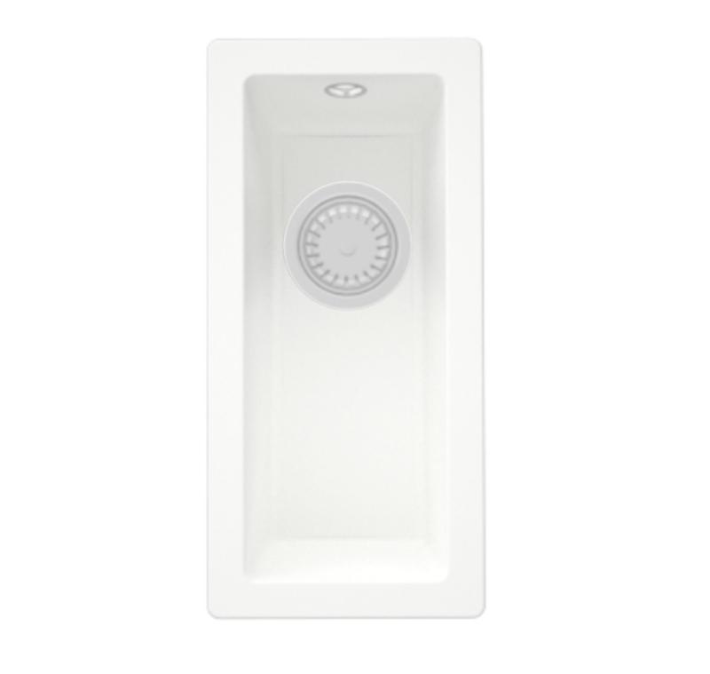 GraniteMy Universal γρανιτένιος λευκός μικρός νεροχύτης 17x40 cm λευκός επάνω πάγκου, εντοιχισμένος και επιπεδός με λευκή τάπα 1208967137.