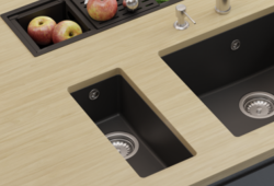 GraniteMy Universal γρανίτης μικρό μαύρο νεροχύτη 17x40 cm μαύρος επιφανειακός, υποδομή και επίπεδη ενσωμάτωση με χρυσή βύσμα 1208967142