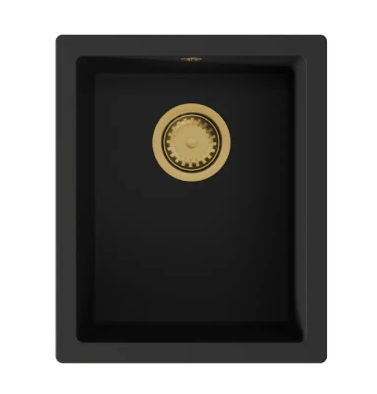 GraniteMy Universal γρανιτένιος μαύρος νεροχύτης 34x40 cm μαύρος επιφανειακής τοποθέτησης, υποκατασκευής και ενσωματωμένης εγκατάστασης με χρυσό βύσμα 1208967144