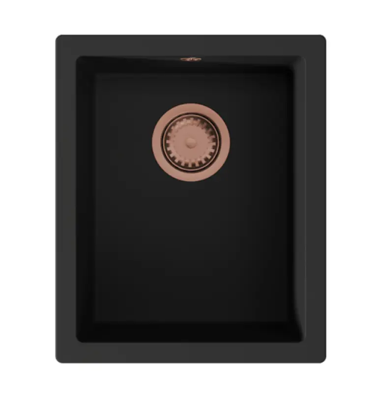 GraniteMy Universal γρανίτης μαύρος νεροχύτης 34x40 cm μαύρο επιφανειακή τοποθέτηση, υποδομή και επίπεδη ενσωμάτωση με χάλκινη βύσμα 1208967145