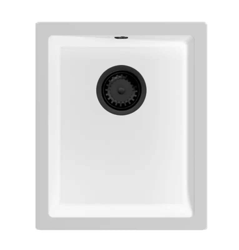 GraniteMy Universal γρανίτης λευκός νεροχύτης 34x40 εκ. λευκός επιφάνειας, υποδομής και ομαλής επιφάνειας με μαύρο πώμα 1208967147