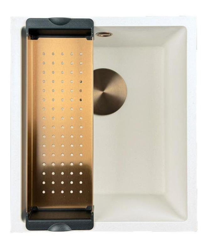 GraniteMy Universal γρανιτένιος λευκός νεροχύτης 34x40 εκατοστά λευκός επιφάνειας, εντοιχισμένος και επίπεδης εγκατάστασης με χάλκινη βύσμα 1208967148