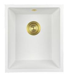 GraniteMy Universal γρανιτένιος λευκός νεροχύτης 34x40 cm λευκός επιτραπέζιος, υποκαθήμενος και εντοιχισμένος με χρυσό βύσμα 1208967149