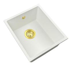 GraniteMy Universal γρανιτένιος λευκός νεροχύτης 34x40 cm λευκός επιτραπέζιος, υποκαθήμενος και εντοιχισμένος με χρυσό βύσμα 1208967149