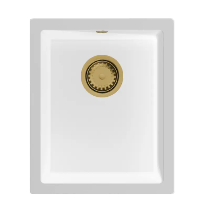 GraniteMy Universal γρανιτένιος λευκός νεροχύτης 34x40 cm λευκός επιτραπέζιος, υποκαθήμενος και εντοιχισμένος με χρυσό βύσμα 1208967149