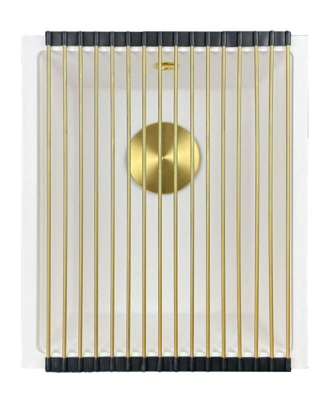 GraniteMy Universal γρανιτένιος λευκός νεροχύτης 34x40 cm λευκός επιτραπέζιος, υποκαθήμενος και εντοιχισμένος με χρυσό βύσμα 1208967149