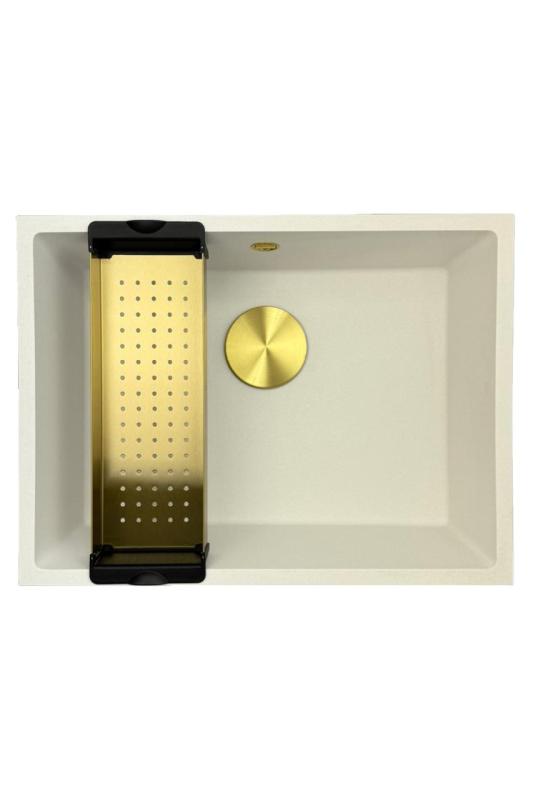 GraniteMy Οικουμενικός γρανιτένιος λευκός νεροχύτης 55x40 εκατοστά λευκός επιφανειακή τοποθέτηση, υποδομή και επίπεδη εγκατάσταση με χρυσή βύσμα 1208967155