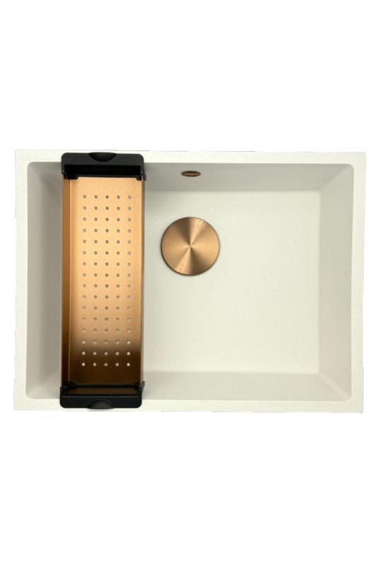 GraniteMy Universal γρανιτένιος λευκός νεροχύτης 55x40 εκ. λευκός επιφανειακής, υποκατασκευής και επίπεδης κατασκευής με χάλκινο πώμα 1208967156