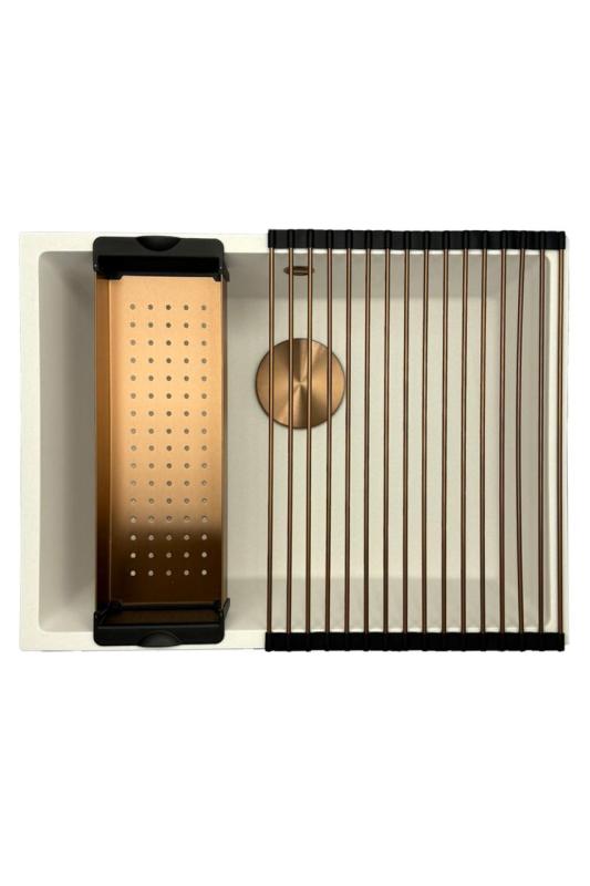 GraniteMy Universal γρανιτένιος λευκός νεροχύτης 55x40 εκ. λευκός επιφανειακής, υποκατασκευής και επίπεδης κατασκευής με χάλκινο πώμα 1208967156