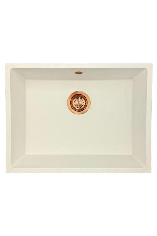 GraniteMy Universal γρανιτένιος λευκός νεροχύτης 55x40 εκ. λευκός επιφανειακής, υποκατασκευής και επίπεδης κατασκευής με χάλκινο πώμα 1208967156