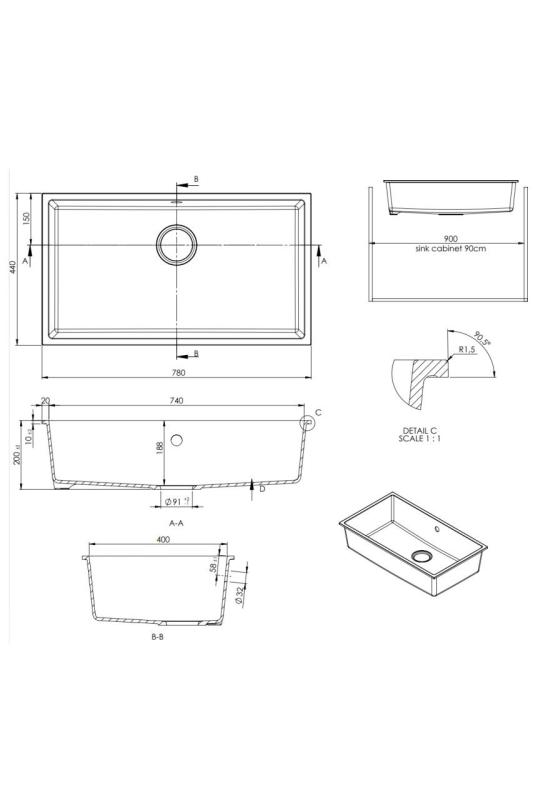GraniteMy Universal γρανιτένιος μεγάλος λευκός νεροχύτης 74x40 cm λευκός επιτραπέζιος, υποκατασκευαστικός και εντοιχισμένος με λευκό πώμα 1208967160
