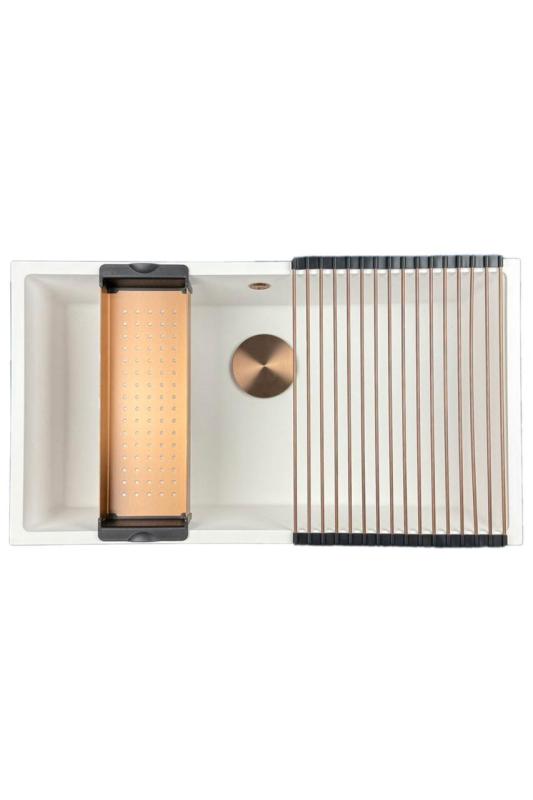 GraniteMy Universal γρανιτένιο μεγάλο λευκό νεροχύτη 74x40 cm λευκό επιτραπέζιο και ενσωματωμένο με χαλκό βύσμα 1208967162