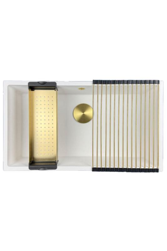 GraniteMy Universal γρανιτένιος μεγάλος λευκός νεροχύτης 74x40 cm λευκός επιτραπέζιος, εντοιχισμένος και ενσωματωμένος με χρυσό βύσμα 1208967163